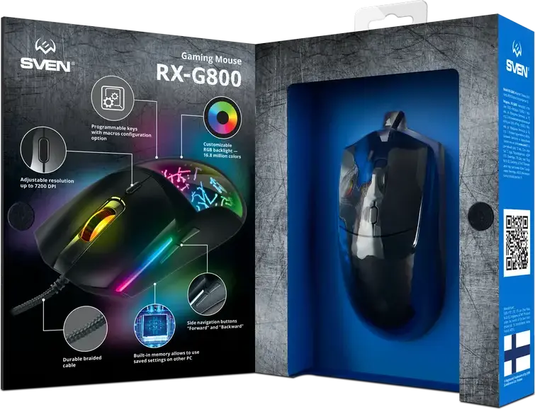 SVEN RX-G800 Wired Gaming Mouse, Optical Sensor 200-7200 DPI, 6 Programmable Buttons with Macros, RGB Backlight, Braided Cable, Windows Compatible