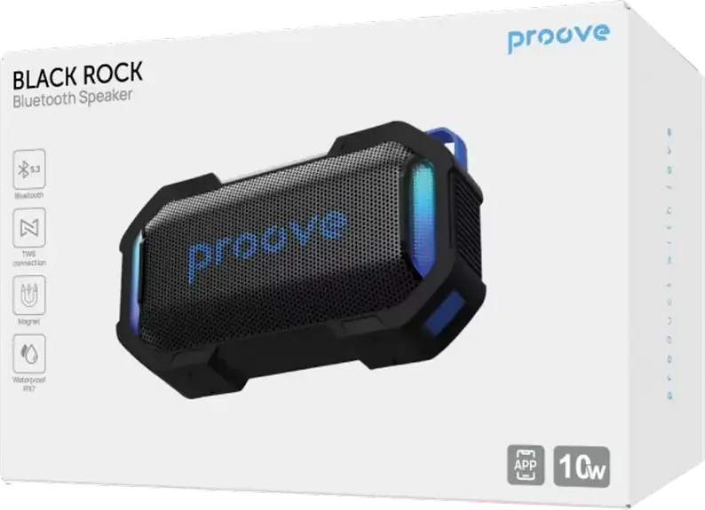 Proove Black Rock Portable Bluetooth 5.3 Speaker, 10W RMS, IPX7 Waterproof, RGB Lighting, TWS, Built-in Magnet, App Control, 2000mAh Battery