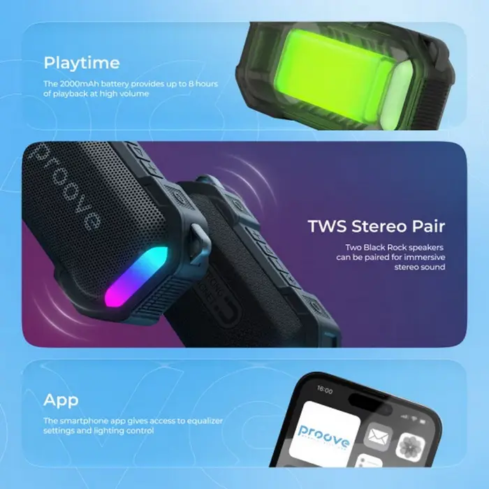 Proove Black Rock Portable Bluetooth 5.3 Speaker, 10W RMS, IPX7 Waterproof, RGB Lighting, TWS, Built-in Magnet, App Control, 2000mAh Battery