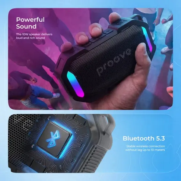 Proove Black Rock Portable Bluetooth 5.3 Speaker, 10W RMS, IPX7 Waterproof, RGB Lighting, TWS, Built-in Magnet, App Control, 2000mAh Battery