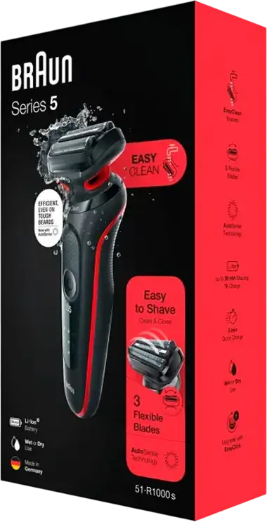 Электробритва Braun Series 5 51-R1000s сеточная, для влажного и сухого бритья, технология AutoSense, Li-Ion аккумулятор, система EasyClean, с триммером