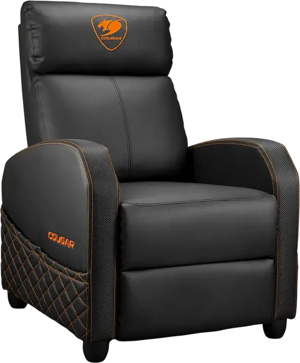 Cougar Ranger Elite CGR-RAE Gaming Sofa, Black | Orange, PVC Leather and Breathable Velvet, Robust Steel Frame, Reclining Function, Foldable Footrest, 135kg Capacity
