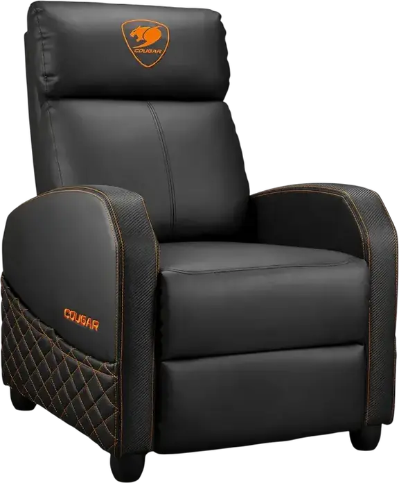 Cougar Ranger Elite CGR-RAE Gaming Sofa, Black | Orange, PVC Leather and Breathable Velvet, Robust Steel Frame, Reclining Function, Foldable Footrest, 135kg Capacity
