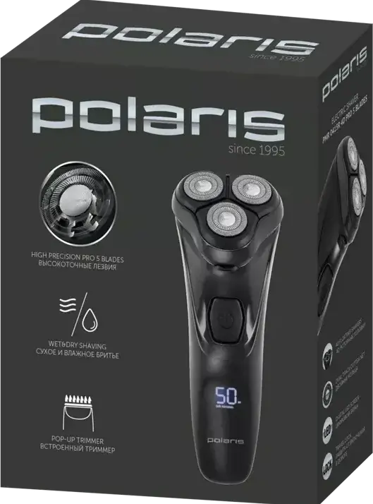 Электробритва Polaris PMR0415R роторная, 3 плавающие головки с лезвиями PRO 5, 4D контур лица, влажное и сухое бритье, триммер, аккумулятор Li-Ion, черный