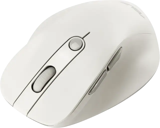 Mouse Wireless ASUS MD105, Alb Lapte, Dual-Mode Bluetooth și RF 2.4GHz, Senzor Optic 2400dpi, Click Silențios, Design Ergonomic cu Suport pentru Degetul Mare