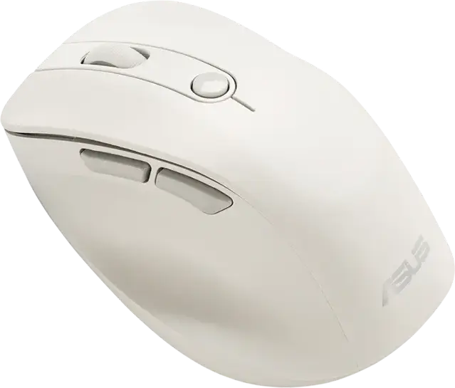 Mouse Wireless ASUS MD105, Alb Lapte, Dual-Mode Bluetooth și RF 2.4GHz, Senzor Optic 2400dpi, Click Silențios, Design Ergonomic cu Suport pentru Degetul Mare