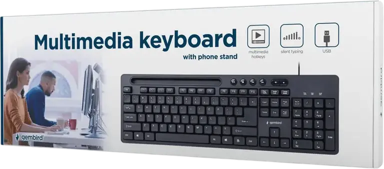 Проводная мембранная клавиатура Gembird KB-UM-108 USB, 104 клавиши, раскладка US, бесшумный ввод, 6 мультимедийных клавиш, встроенный держатель для смартфона, Черная
