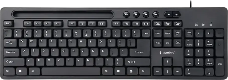 Проводная мембранная клавиатура Gembird KB-UM-108 USB, 104 клавиши, раскладка US, бесшумный ввод, 6 мультимедийных клавиш, встроенный держатель для смартфона, Черная