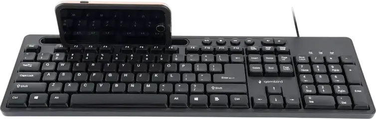 Проводная мембранная клавиатура Gembird KB-UM-108 USB, 104 клавиши, раскладка US, бесшумный ввод, 6 мультимедийных клавиш, встроенный держатель для смартфона, Черная