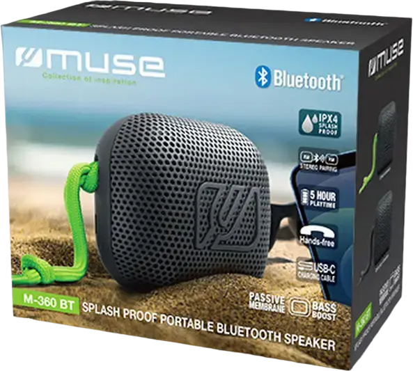 Muse M-360 Portable Bluetooth Speaker, Black, 5W Mono Sound with Passive Radiator, IPX4 Splash Proof, 9h Playtime Boost, USB-C, Stereo Pairing, Hands-free