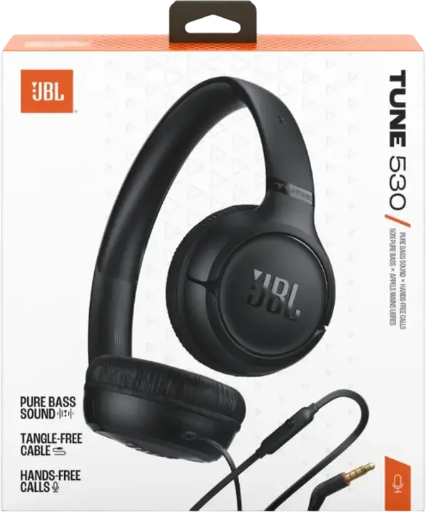 JBL Tune 530 On-Ear Closed-Back Wired Headphones, Dynamic Driver, Integrated In-Line Microphone, Foldable Design, JBL Pure Bass Sound, Color: Black