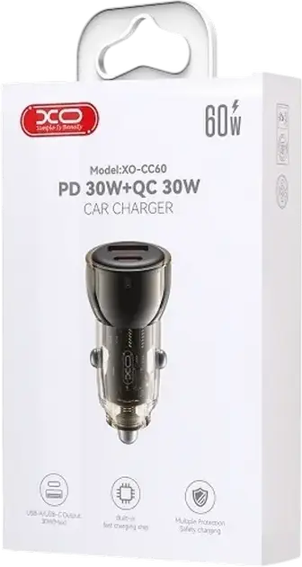 XO CC60 Car Charger 60W Fast Charging Adapter, Dual Port USB-C and USB-A, PD 3.0 QC 3.0 PPS, Transparent Design, Black