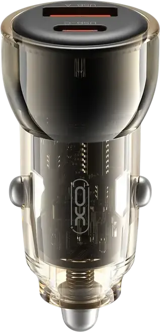 XO CC60 Car Charger 60W Fast Charging Adapter, Dual Port USB-C and USB-A, PD 3.0 QC 3.0 PPS, Transparent Design, Black