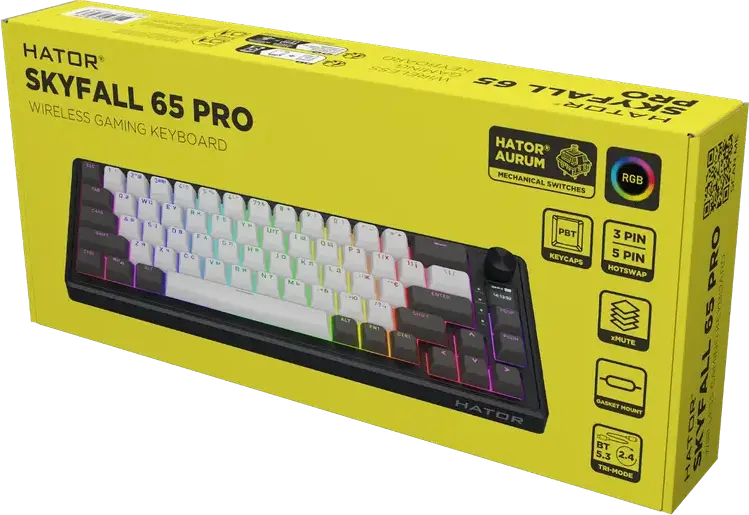 HATOR Skyfall 65 PRO Wireless Mechanical Keyboard, 65% Form Factor, Tri-mode Connection (2.4GHz, Bluetooth 5.3, USB-C), Aurum Vanila Silent Linear Switches, PBT Keycaps, RGB, TFT Screen