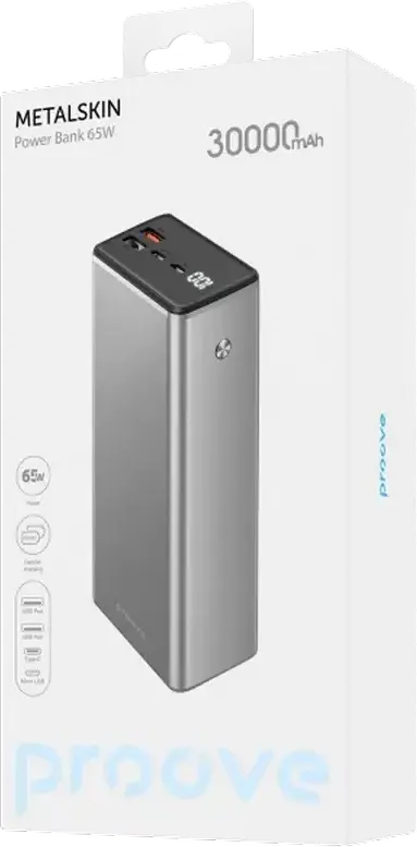Proove Metalskin 30000mAh Power Bank, 65W Fast Charging, Aluminium Body, Digital LCD Display, USB-C & USB-A Ports, Grey