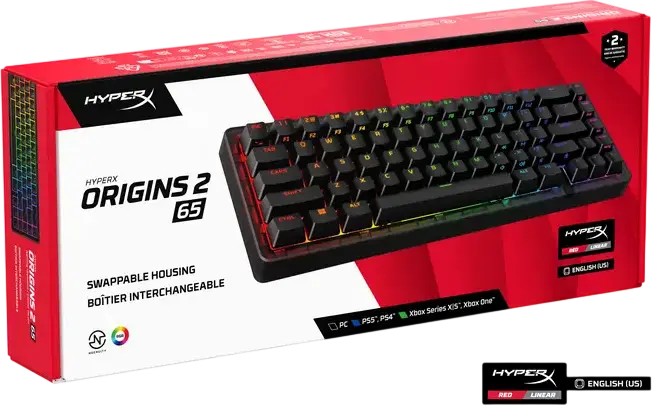 HyperX Origins 2 65 Wired Mechanical Gaming Keyboard, 65% Layout, Hot-Swappable Linear Red Switches, RGB Backlit, 8000Hz Polling Rate, PC/Console
