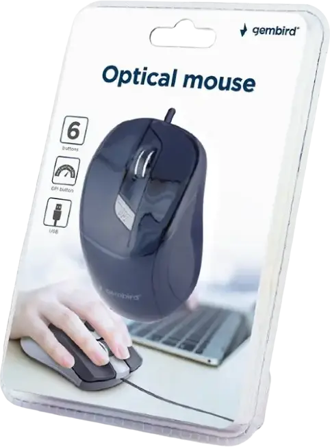 Gembird MUS-6B-01 Wired Optical Mouse, 6 Buttons, Adjustable 400-1600 DPI, USB Interface, Right-Handed, Black