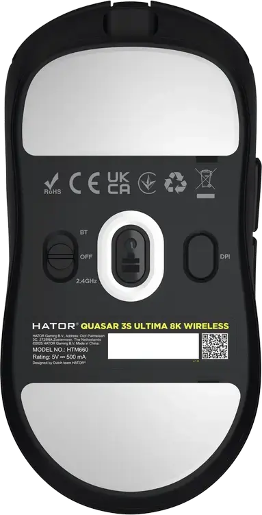Mouse Gaming Wireless/Wired HATOR Quasar 3S Ultima 8K HTM660, pentru dreptaci, Senzor PixArt PAW 3950, 30,000 DPI, Rata de Sondare 8000Hz, Switch-uri Optice, 46g, Glide-uri PTFE