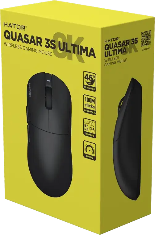 Mouse Gaming Wireless/Wired HATOR Quasar 3S Ultima 8K HTM660, pentru dreptaci, Senzor PixArt PAW 3950, 30,000 DPI, Rata de Sondare 8000Hz, Switch-uri Optice, 46g, Glide-uri PTFE