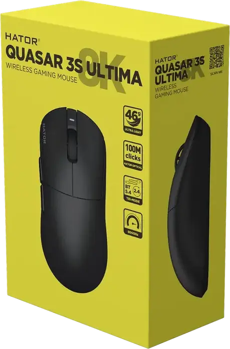 Mouse Gaming Wireless/Wired HATOR Quasar 3S Ultima 8K HTM660, pentru dreptaci, Senzor PixArt PAW 3950, 30,000 DPI, Rata de Sondare 8000Hz, Switch-uri Optice, 46g, Glide-uri PTFE