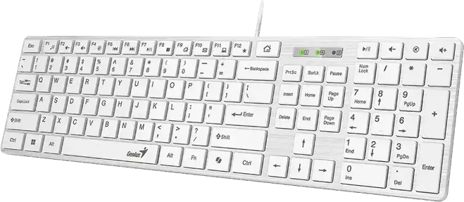 Genius SlimStar 126 Slim Multimedia Wired USB Keyboard, White, English/Russian Layout, Ultra-slim Chocolate Keys, AI Copilot Key, 12 FN Hotkeys, Brushed Metal Finish, Ergonomic