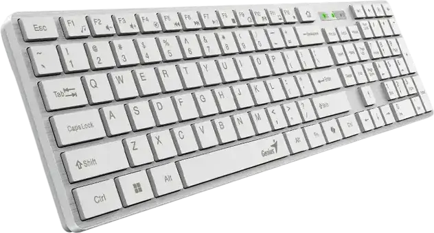 Genius SlimStar 126 Slim Multimedia Wired USB Keyboard, White, English/Russian Layout, Ultra-slim Chocolate Keys, AI Copilot Key, 12 FN Hotkeys, Brushed Metal Finish, Ergonomic