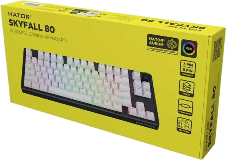 Tastatură Mecanică HATOR Skyfall 80 Wireless, TKL Gasket Mount, Switchuri HATOR Aurum Lemon Lineare, Iluminare RGB și Laterale, Conectivitate Tri-mod, Hot-swap