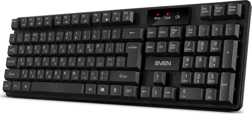 Tastatura Wireless SVEN KB-C2300W, Conectivitate 2.4 GHz USB, Switch Membrană, 104 Taste, Layout EN/RU/UA, 12 Taste Multimedia, Indicator Baterie, Negru