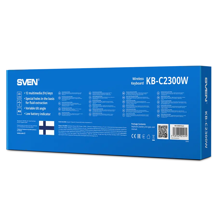 Tastatura Wireless SVEN KB-C2300W, Conectivitate 2.4 GHz USB, Switch Membrană, 104 Taste, Layout EN/RU/UA, 12 Taste Multimedia, Indicator Baterie, Negru