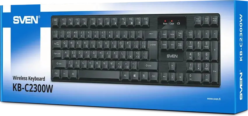 Tastatura Wireless SVEN KB-C2300W, Conectivitate 2.4 GHz USB, Switch Membrană, 104 Taste, Layout EN/RU/UA, 12 Taste Multimedia, Indicator Baterie, Negru