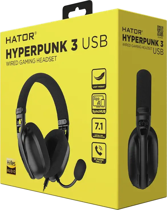 Casca Gaming HATOR Hyperpunk 3 USB cu Fir și Bluetooth pentru PC, Console, Android, iOS, Audio Hi-Res, Surround Virtual 7.1, Microfon Detasabil ENC, Difuzoare 40mm, Negru