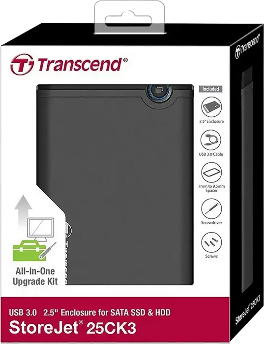 Transcend StoreJet 25CK3 2.5" SATA III SSD HDD Enclosure Kit, USB 3.1 Gen 1 5Gbps, Shock-Absorbing Rubber Case, Grey