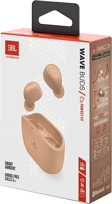 JBL Wave Buds True Wireless Earbuds - Beige, with 8mm Drivers, Deep Bass Sound, 32h Battery Life, IP54 Water and Dust Resistant, JBL Headphones App Support