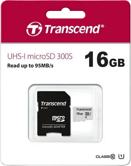 Transcend 300S 16GB microSDHC UHS-I Memory Card, Class 10 U1, Up to 95MB/s Read Speed, Waterproof Shockproof X-Ray Proof with SD Adapter
