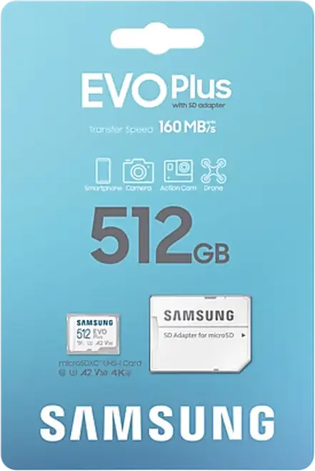 Samsung EVO Plus MicroSDXC 512GB Memory Card MB-MC512SA/KR, UHS-I U3 V30 A2, Read Speed up to 160 MB/s, with SD Adapter, Water & Temperature Resistant