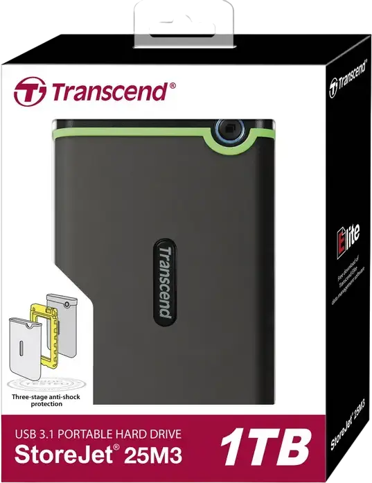 Transcend StoreJet 25M3S TS1TSJ25M3S 1TB External Portable HDD, USB 3.1 Gen 1, MIL-STD-810G Shockproof Case, One-Touch Auto-Backup, Iron Gray