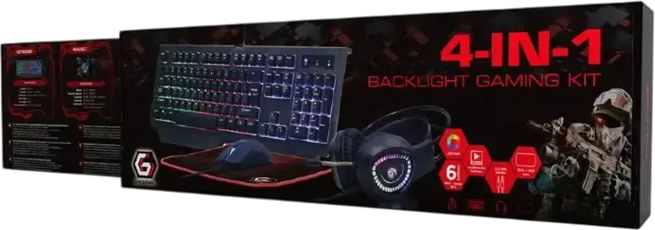 Gembird GGS-UMGL4-01 Phantom 4-in-1 Gaming Kit - Black Membrane Keyboard with Rainbow LED Backlit and Wrist Rest, 1600 DPI Optical Mouse, Stereo Headset and Mouse Pad, USB Connectivity