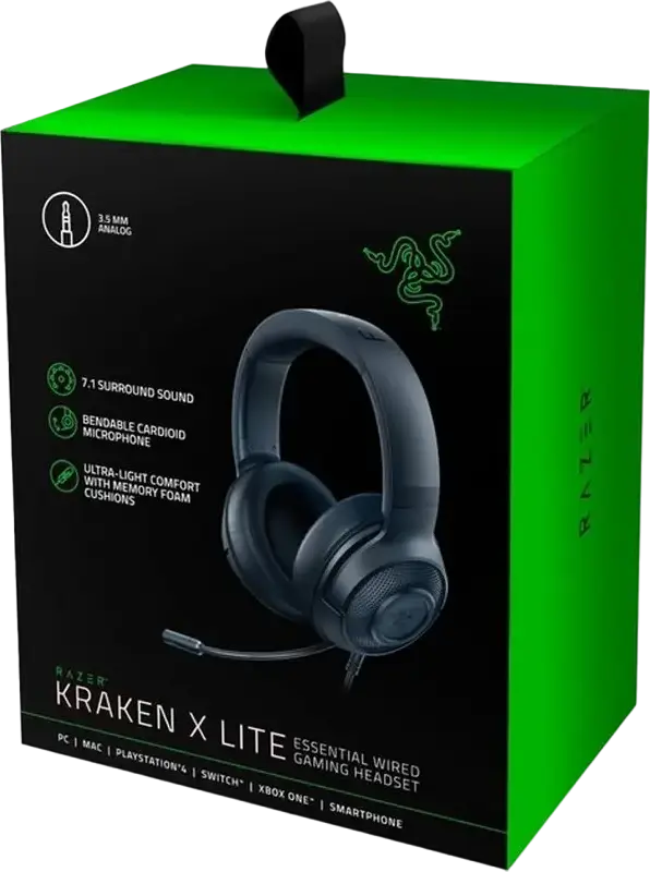 Razer Kraken X Lite Gaming Headset RZ04-02950100-R381, 40mm Neodymium Drivers, 7.1 Virtual Surround Sound, Cardioid Mic, 3.5mm Jack, PC, Mac, PlayStation, Xbox One, Nintendo Switch, Smartphones, Black