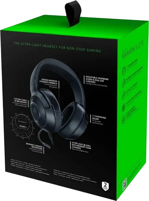 Razer Kraken X Lite Gaming Headset RZ04-02950100-R381, 40mm Neodymium Drivers, 7.1 Virtual Surround Sound, Cardioid Mic, 3.5mm Jack, PC, Mac, PlayStation, Xbox One, Nintendo Switch, Smartphones, Black