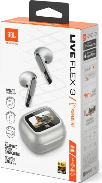 Беспроводные наушники JBL Live Flex 3 Open-Stick, цвет: серебристый, динамические драйверы 12 мм, адаптивное шумоподавление TANC, кейс с сенсорным экраном, IP54