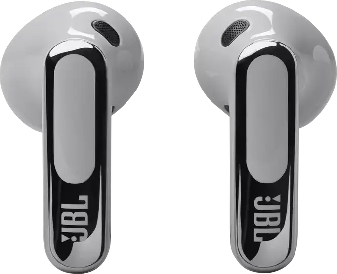 Беспроводные наушники JBL Live Flex 3 Open-Stick, цвет: серебристый, динамические драйверы 12 мм, адаптивное шумоподавление TANC, кейс с сенсорным экраном, IP54