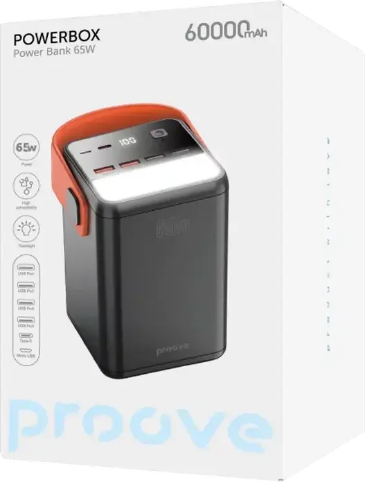 Proove Powerbox 60000mAh Power Bank, 65W Max Output, Laptop Charging Support, Digital LCD Display, LED Flashlight, 6 Connectors, Black