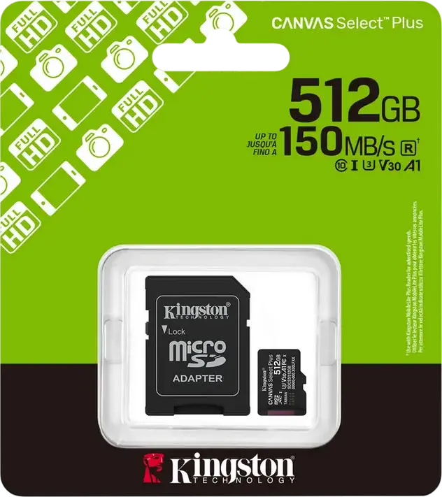 Card Memorie Kingston Canvas Select Plus 512GB microSDXC SDCS3/512GB pentru dispozitive Android și camere, UHS-I U3 V30 A1 Clasa 10, Viteza de Citire pana la 150MB/s, cu Adaptor SD