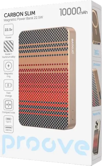 Power Bank Proove Carbon Slim 10000mAh, Bronz, Încărcare Rapidă 22.5W, Încărcare Wireless MagSafe 15W, PD3.1, QC3.0, Material Kevlar și Aluminiu, USB-C și USB-A