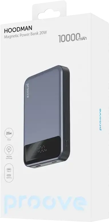 Proove Hoodman Magnetic Power Bank 10000mAh 20W Fast Charging, Grey, MagSafe Compatible Wireless Qi Charger, PD QC 2.0-5.0, LED Display, Type-C & Lightning