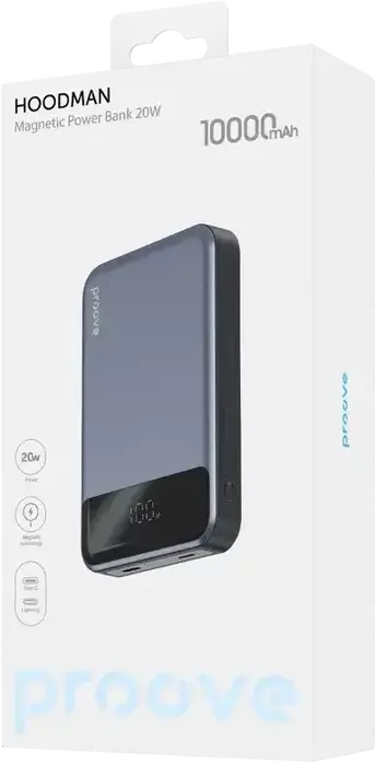 Proove Hoodman Magnetic Power Bank 10000mAh 20W Fast Charging, Grey, MagSafe Compatible Wireless Qi Charger, PD QC 2.0-5.0, LED Display, Type-C & Lightning