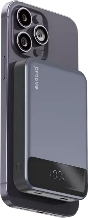 Proove Hoodman Magnetic Power Bank 10000mAh 20W Fast Charging, Grey, MagSafe Compatible Wireless Qi Charger, PD QC 2.0-5.0, LED Display, Type-C & Lightning