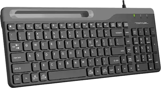 A4Tech FK25 Fstyler Wired USB Membrane Keyboard, Ultra-slim Laptop-style Keys, Integrated Smartphone Cradle, Liquid Spill Protection, Color: Black