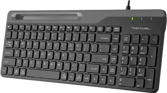 A4Tech FK25 Fstyler Wired USB Membrane Keyboard, Ultra-slim Laptop-style Keys, Integrated Smartphone Cradle, Liquid Spill Protection, Color: Black