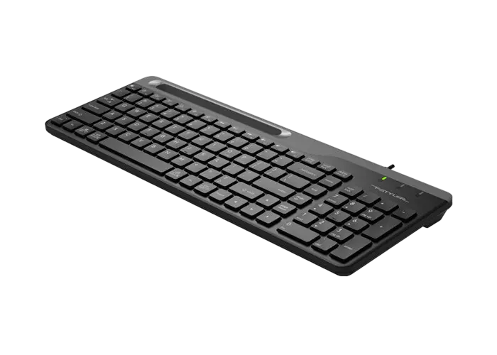 A4Tech FK25 Fstyler Wired USB Membrane Keyboard, Ultra-slim Laptop-style Keys, Integrated Smartphone Cradle, Liquid Spill Protection, Color: Black